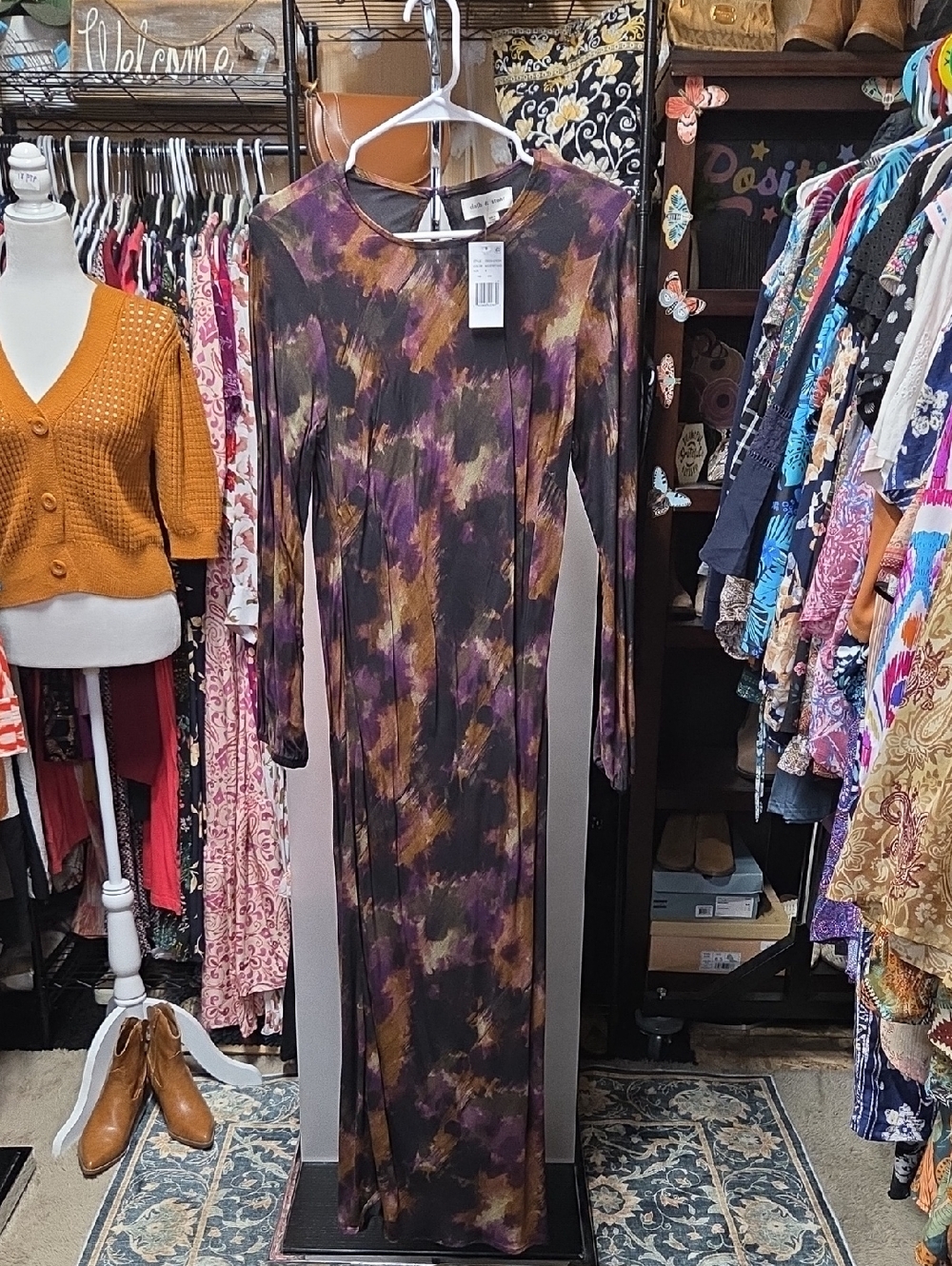 cloth & stone Long Sleeve Tie-Dye Maxi Dress — Purple & Brown